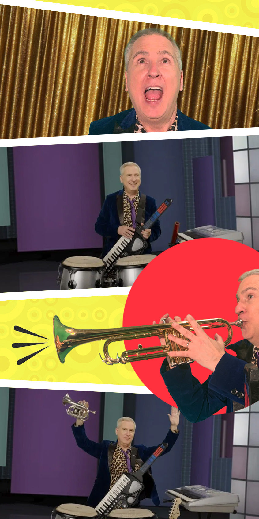 Collage of a person playing guitar and drums with a trumpet graphic and colorful background.